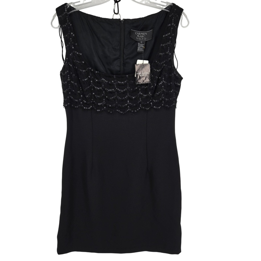 Carmen Marc Valvo Dress Womens 10 Black Sequin Lace Sheath Cocktail Party